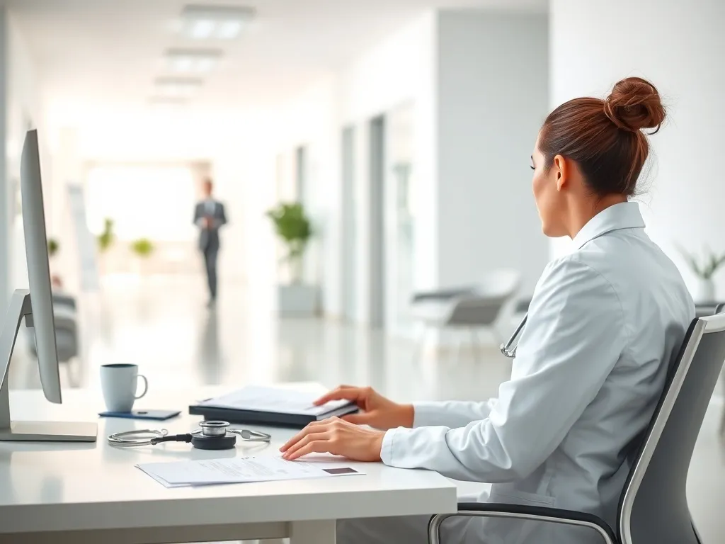 Ginekolog przy biurku w nowoczesnym gabinecie, w tle szpitalny korytarz i poczekalnia prywatnej kliniki, symbol różnych miejsc pracy