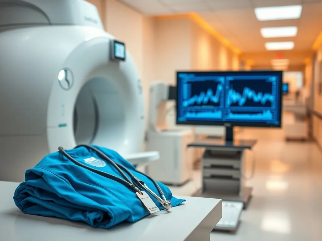 Nowoczesna pracownia diagnostyki obrazowej z aparaturą, fartuchem elektroradiologa i identyfikatorem, w spokojnej szpitalnej scenerii.