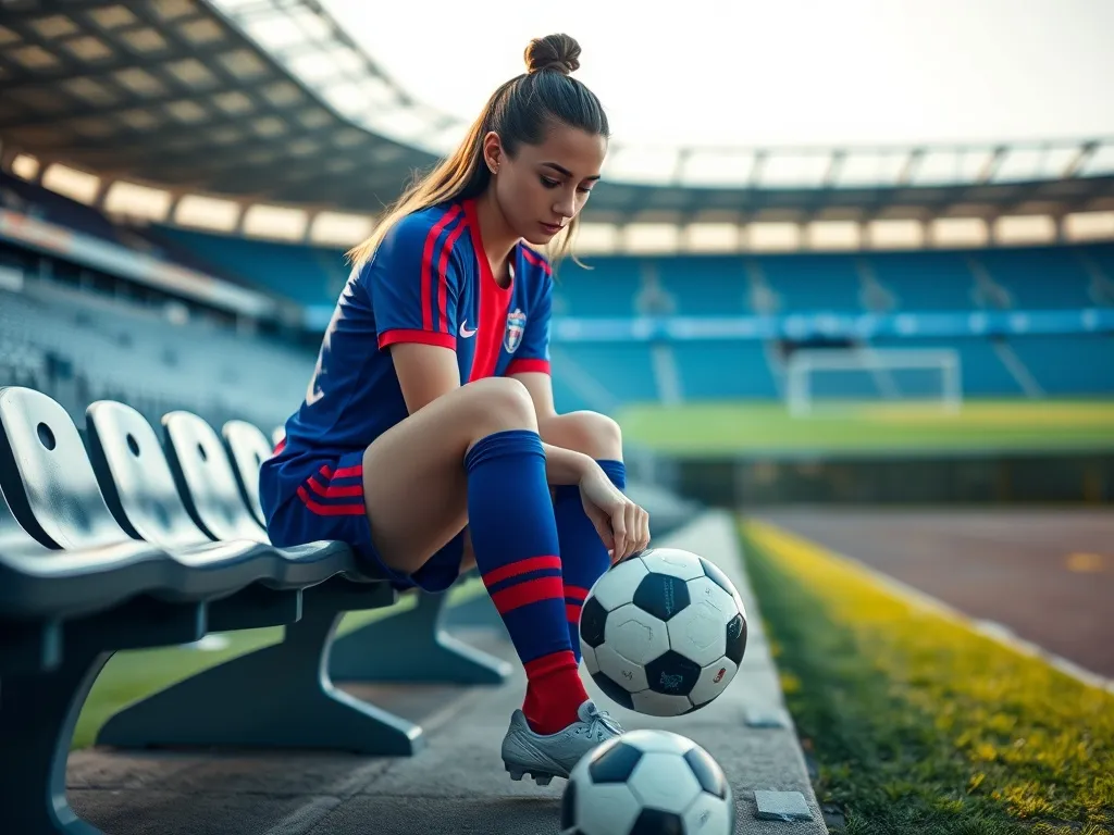 Ewa Pajor na ławce Barcelony, skupiona wiążąc korki przed meczem na pustym, nowoczesnym stadionie piłkarskim