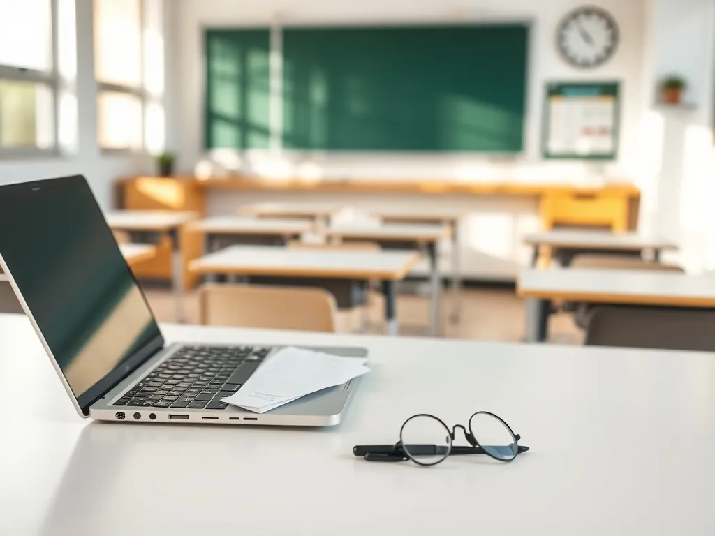 Biurko dyrektora szkoły z laptopem i dokumentami na tle pustej klasy, podkreślające profesjonalne warunki pracy.