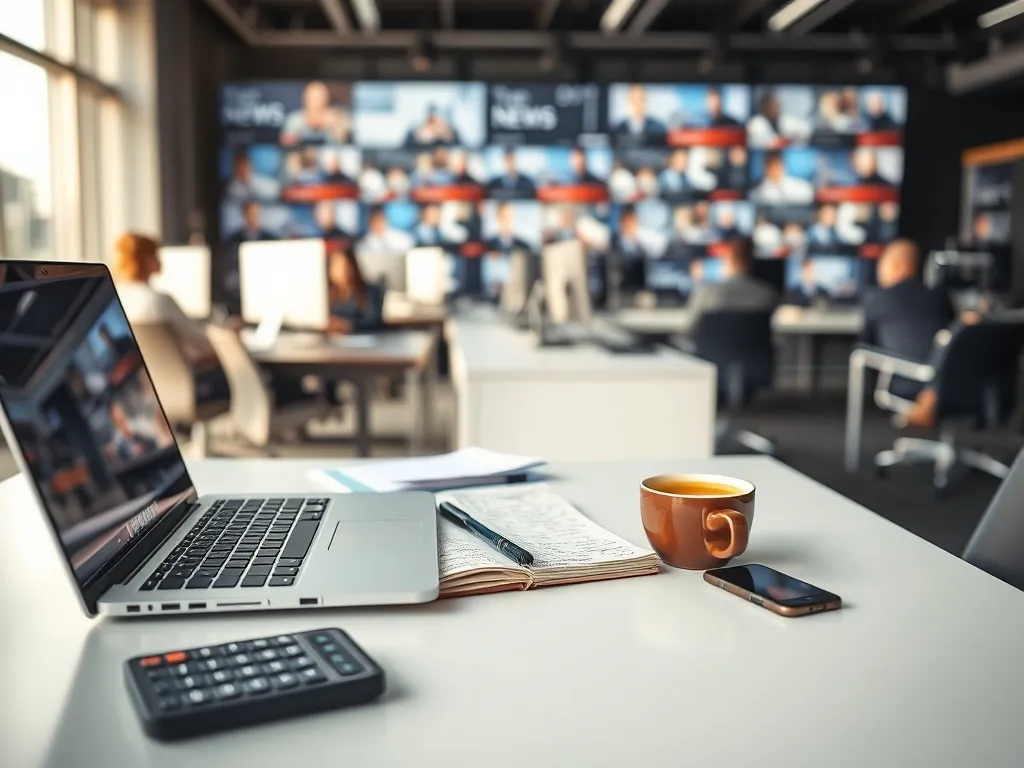 Biurko dziennikarza z laptopem, notatkami i kalkulatorem na tle nowoczesnej redakcji, ilustrujące temat zarobków w mediach