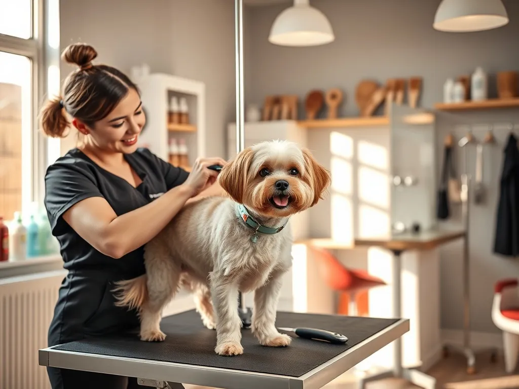 Groomer szczotkuje małego, zadowolonego psa w nowoczesnym salonie, podkreślając profesjonalną pielęgnację i przyjazną atmosferę.