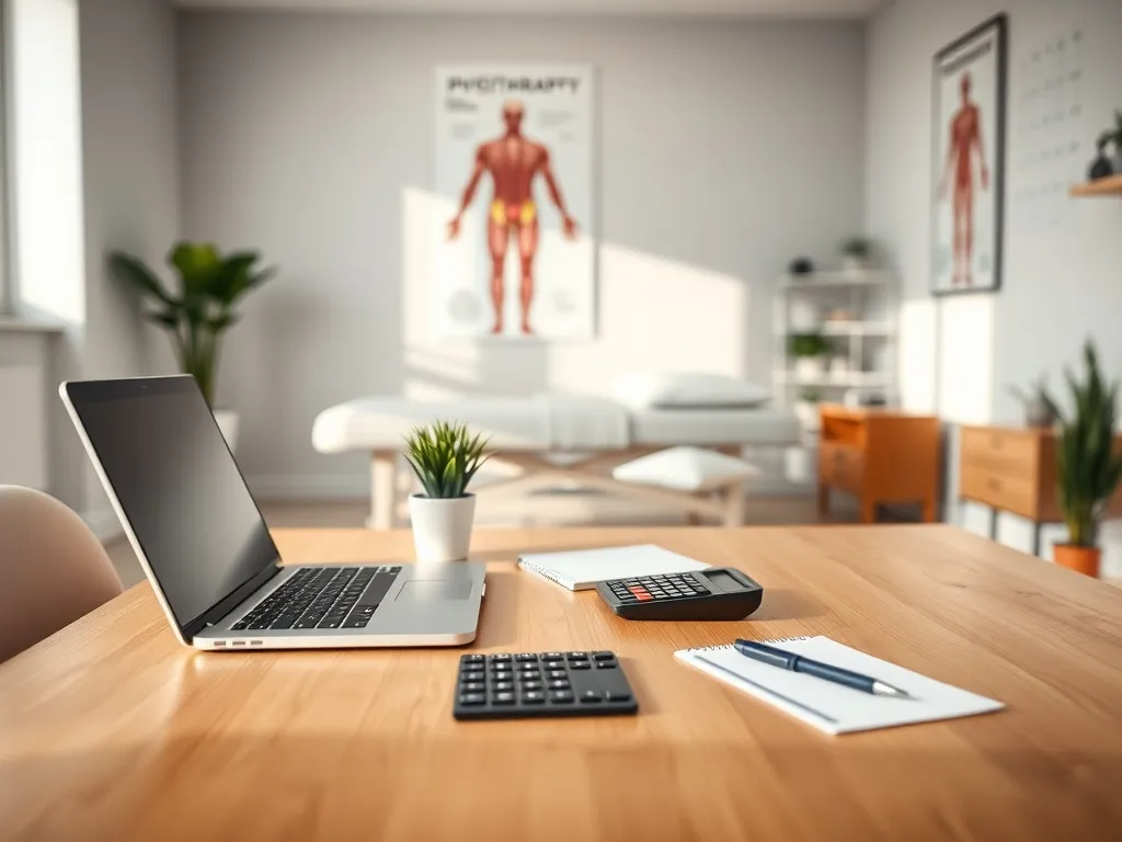 Biuro prywatnego fizjoterapeuty z laptopem i kalkulatorem na biurku, podkreślające planowanie dochodów z praktyki.