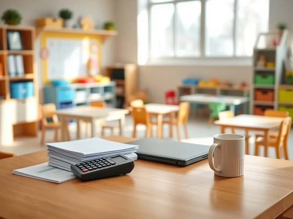 Biuro dyrektora przedszkola z dokumentami i kalkulatorem na biurku, w tle kolorowa sala, nawiązanie do tematu wynagrodzeń.