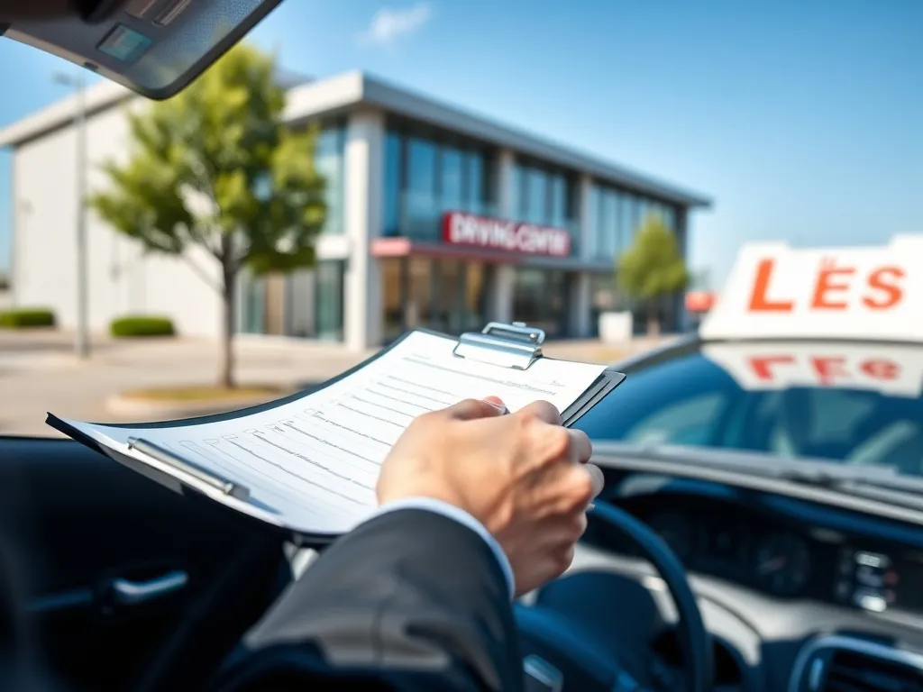 Egzaminator trzymający kluczyki i listę kontrolną przy aucie z literą L, na tle ośrodka ruchu drogowego.