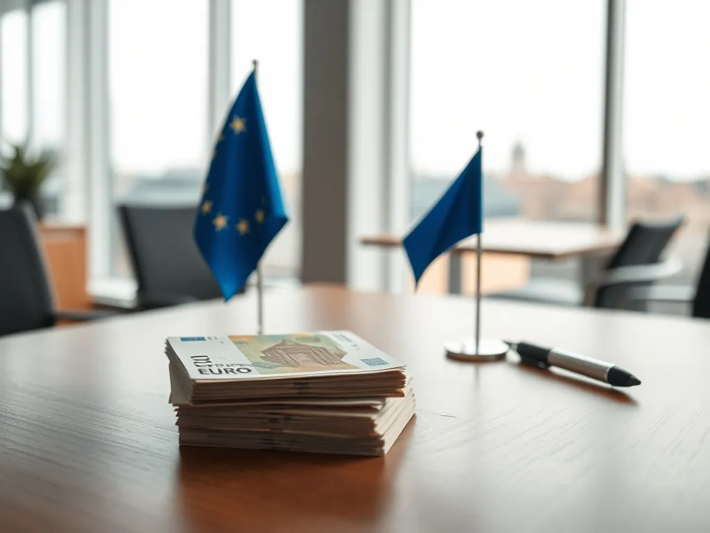 Stos banknotów euro i flaga UE na biurku w nowoczesnym biurze, symbolizujące zarobki i przywileje europosła.