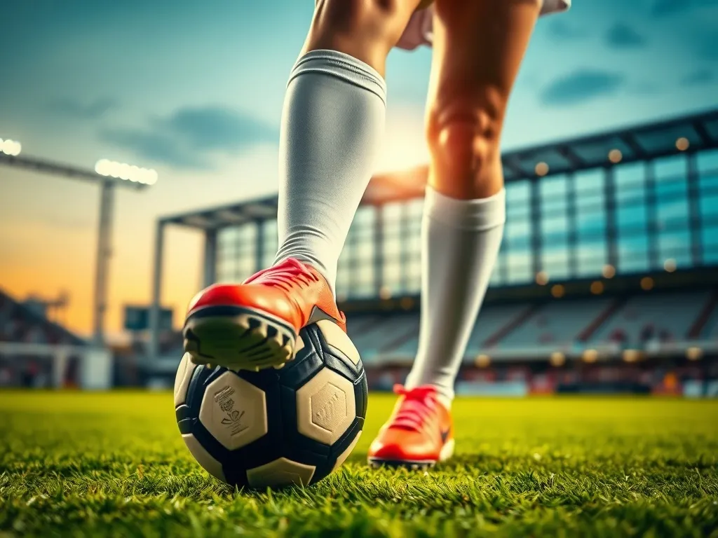 Piłkarka opiera stopę na piłce na murawie stadionu, symbolizując profesjonalną karierę i sukces w futbolu.