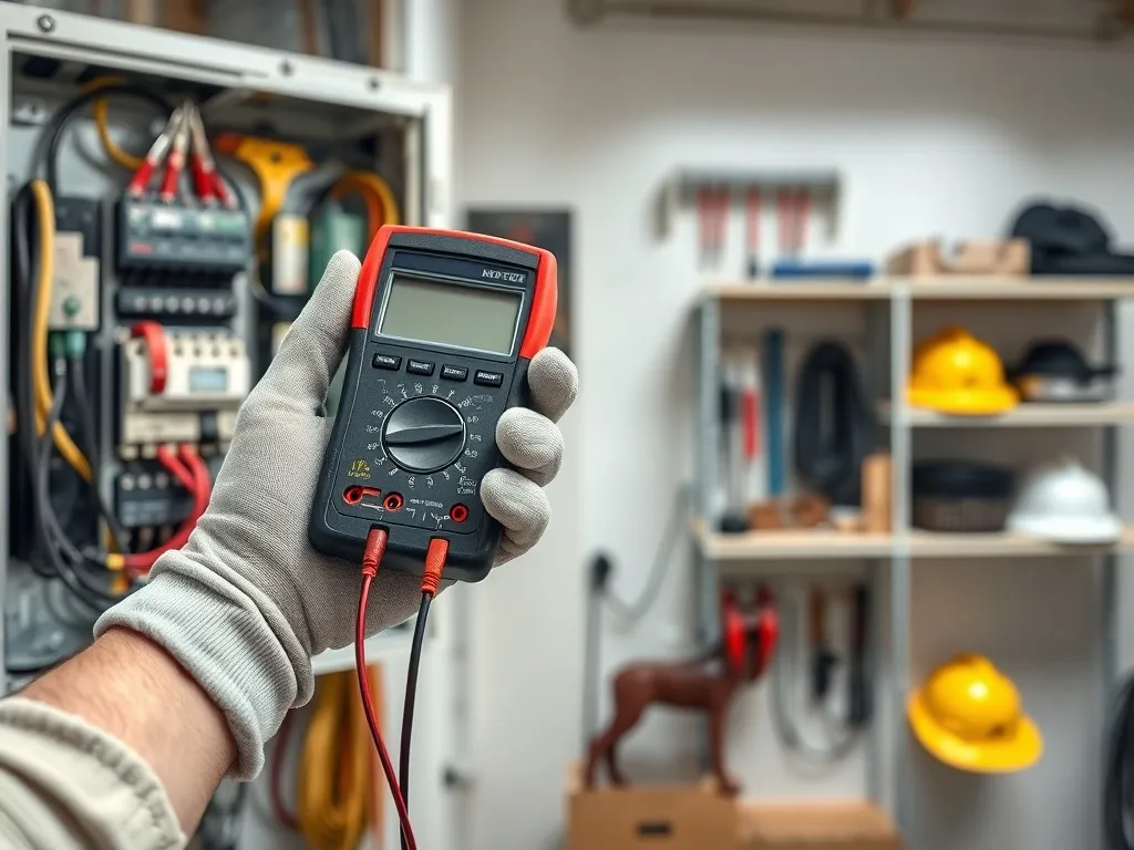 Elektryk w rękawicach pracuje przy otwartej rozdzielni, miernik i przewody symbolizują profesjonalną pracę i zarobki.