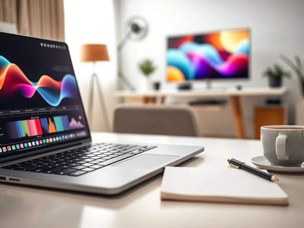 Laptop z kolorowym projektem graficznym na ekranie na biurku w domowym biurze, symbolizujący pracę grafika komputerowego.