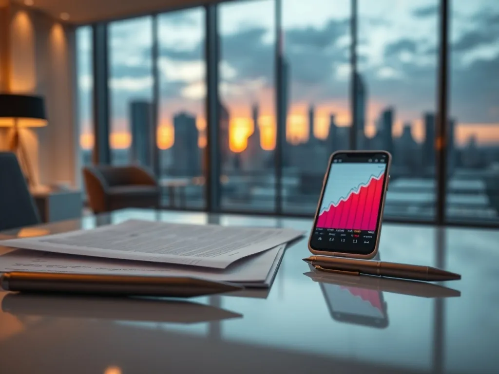Eleganckie biurko z rosnącym wykresem giełdowym na smartfonie, w tle luksusowe biuro z widokiem na futurystyczne miasto.
