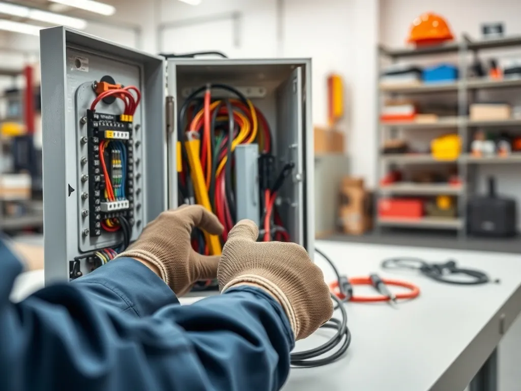 Elektromechanik w rękawicach pracuje przy otwartej szafie sterowniczej, symbolizując specjalistyczny, dobrze płatny zawód
