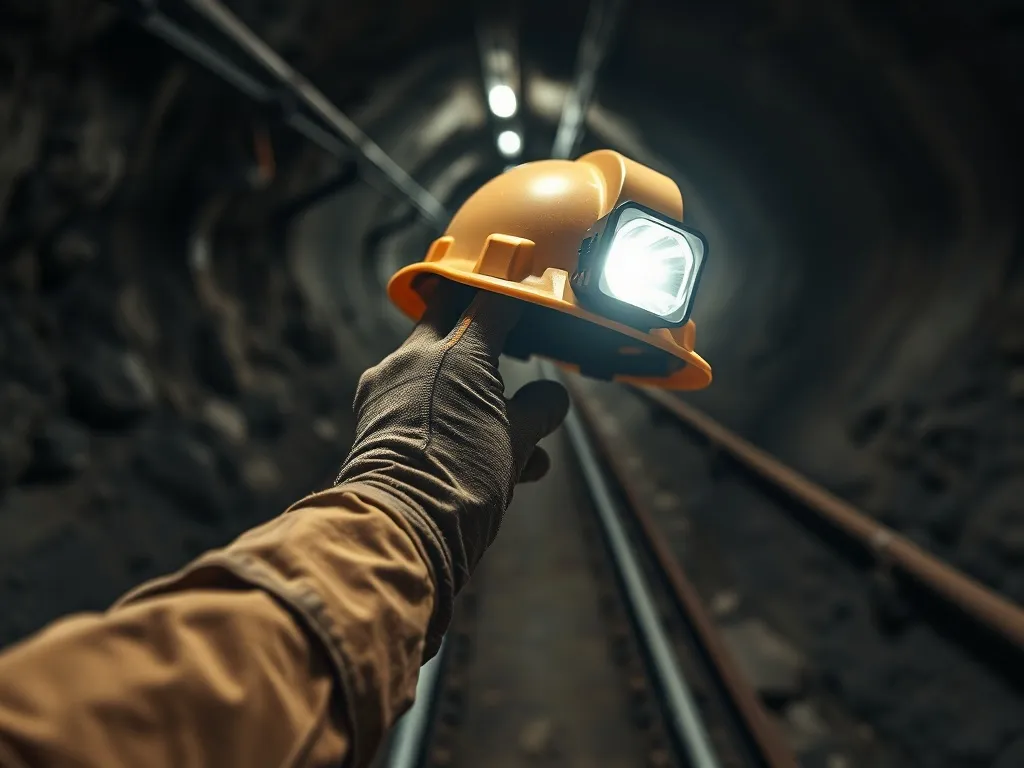 Ręce górnika w zakurzonych rękawicach trzymają kask z lampą w ciemnym tunelu kopalni, podkreślając charakter pracy