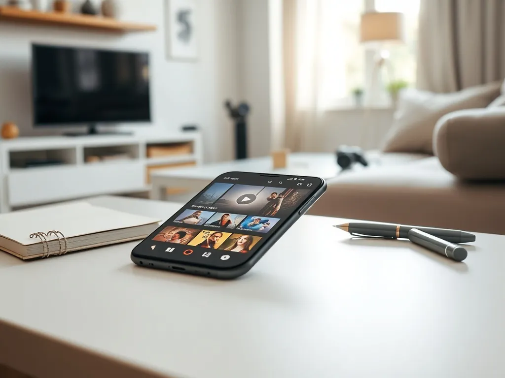 Smartfon z aplikacją wideo na biurku w przytulnym wnętrzu, symbolizujący twórcę internetowego i jego styl życia.