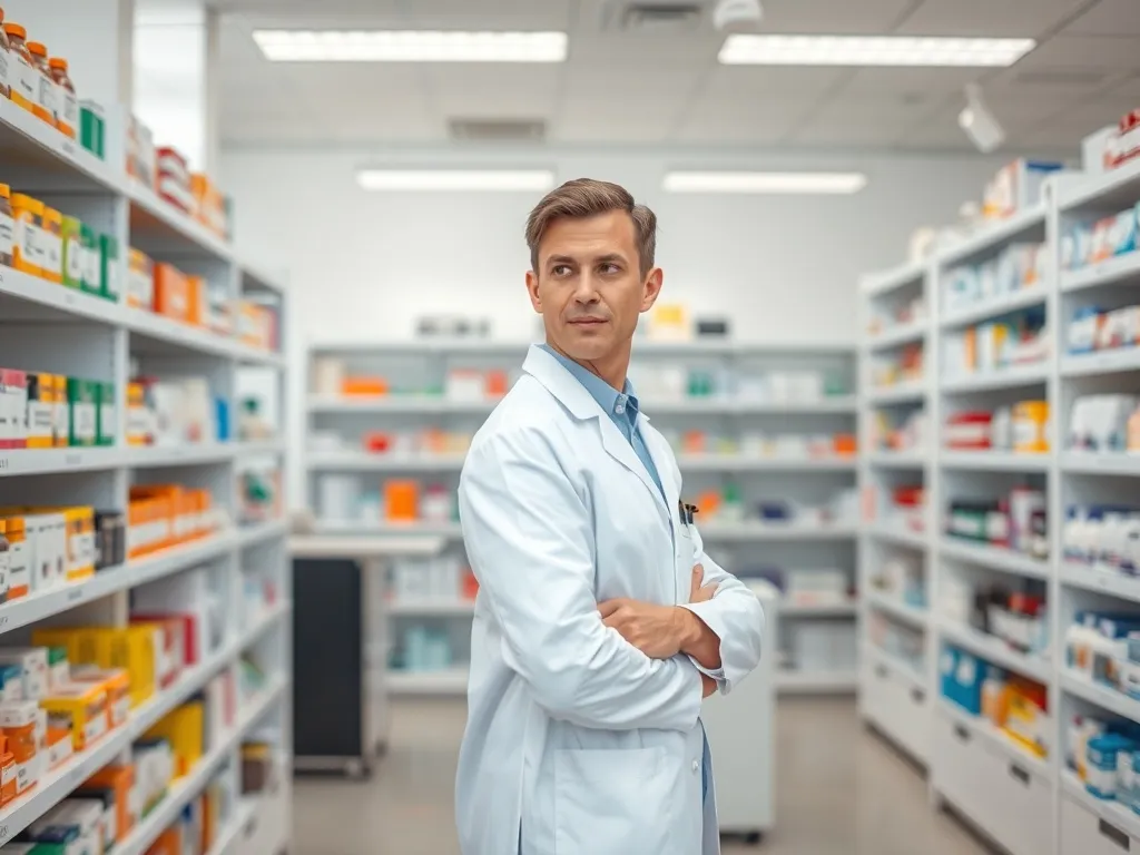 Farmaceuta w białym fartuchu w nowoczesnej aptece, na tle regałów z lekami i zaplecza przypominającego laboratorium.