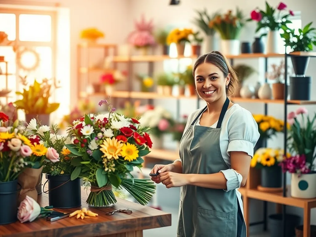 Florystka układa kolorowy bukiet w nowoczesnej kwiaciarni, symbolizując pracę i możliwości rozwoju w zawodzie.