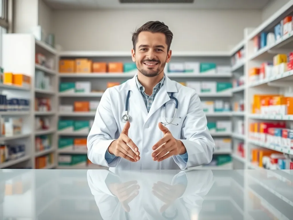 Uśmiechnięty farmaceuta za ladą w nowoczesnej aptece, symbol profesjonalnej obsługi i pracy w zawodzie