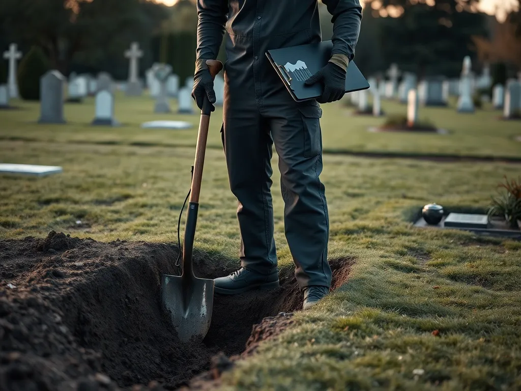 Grabarz z łopatą i clipboardem przy świeżo wykopanym grobie, spokojne cmentarne otoczenie, praca i jej realia
