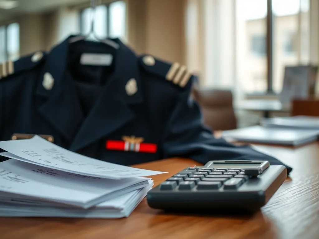 Mundur oficera na wieszaku obok stosu pasków płacowych i kalkulatora, symbolizujący zarobki generałów w wojsku