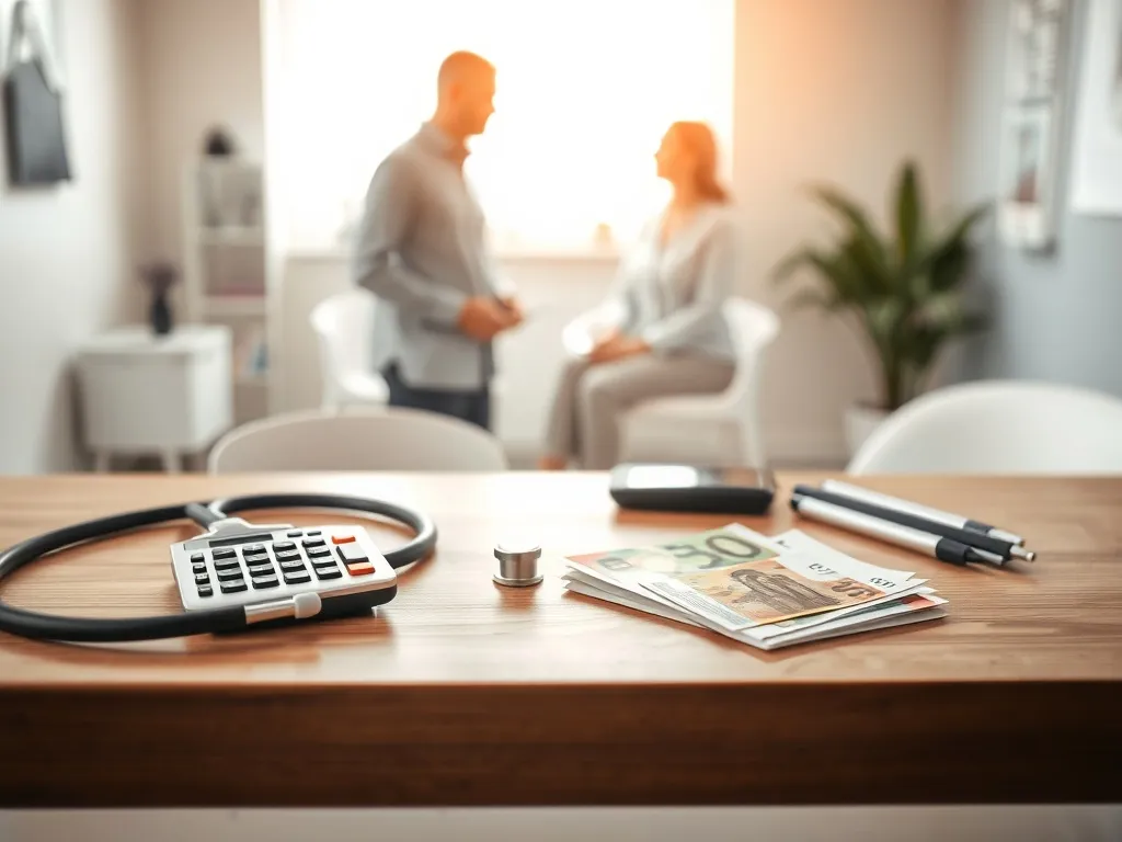 Biurko z banknotami, kalkulatorem i stetoskopem na tle fizjoterapeuty rozmawiającego z pacjentem w jasnym gabinecie.