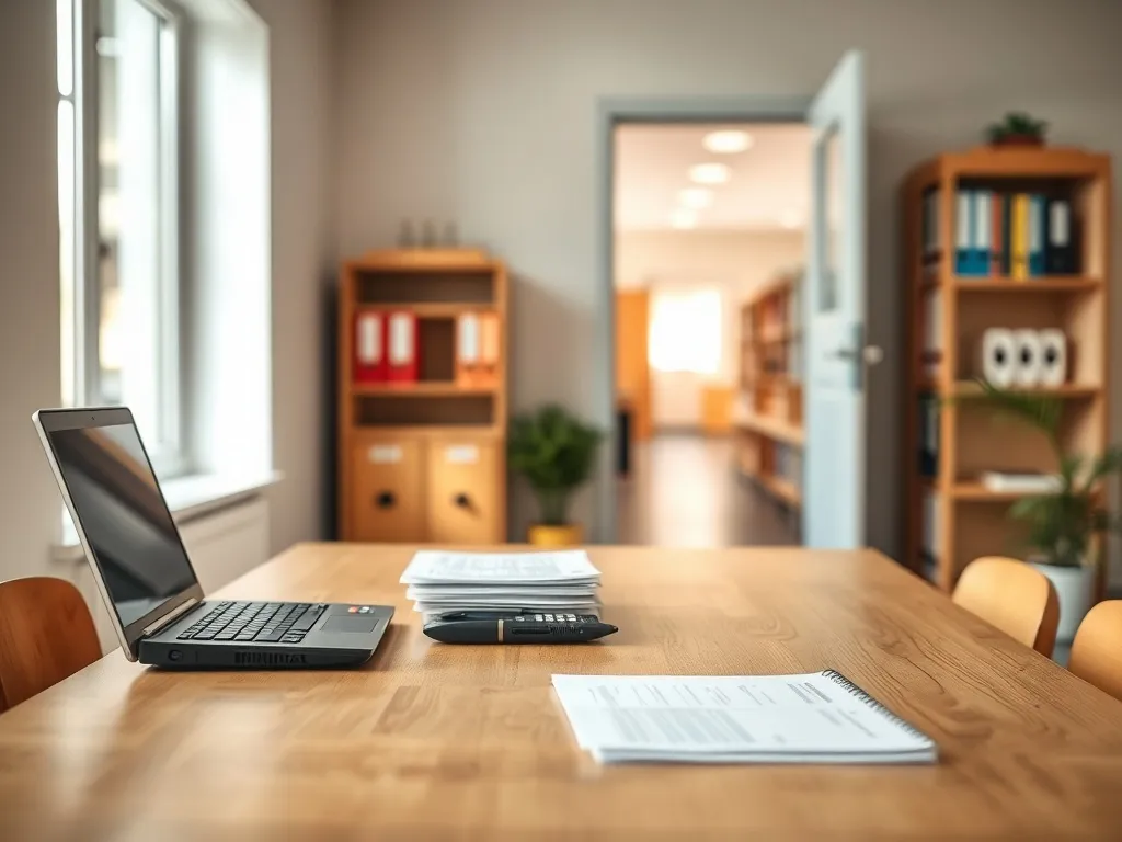 Nowoczesny, uporządkowany gabinet dyrektora szkoły podstawowej, biurko z dokumentami, laptopem i kalkulatorem, profesjonalna atmosfera