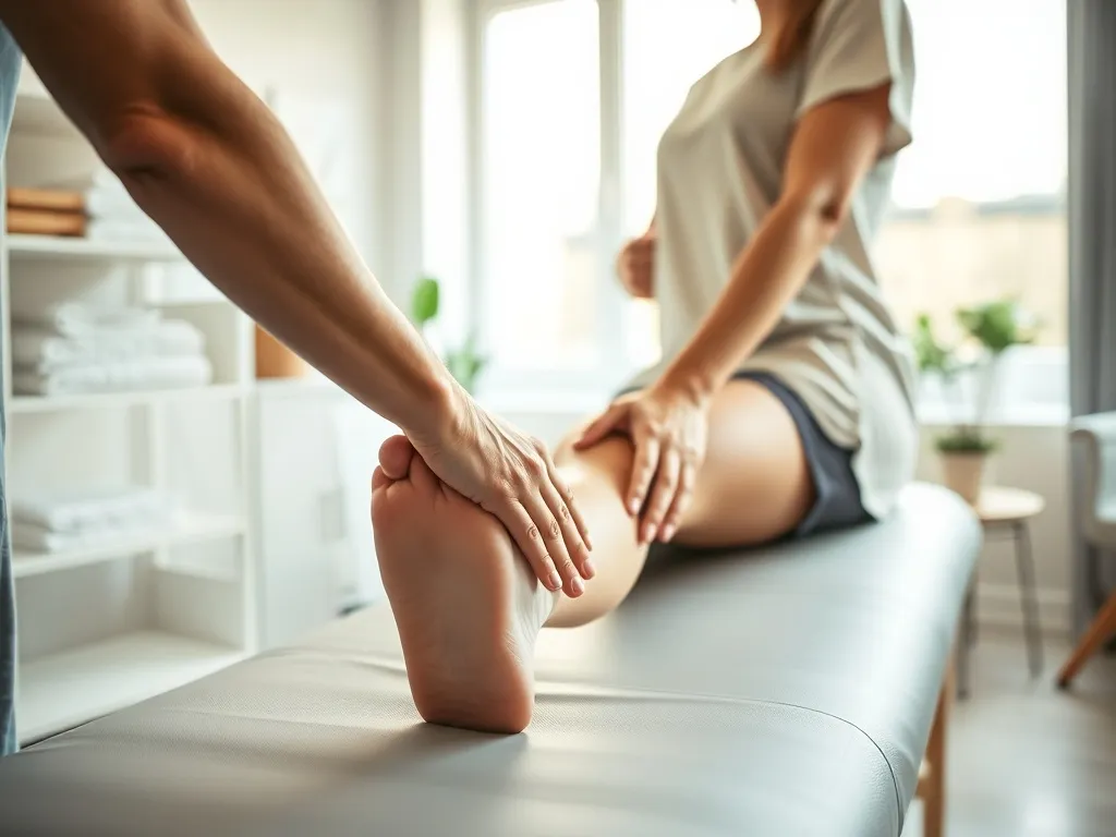 Fizjoterapeuta bada kolano pacjenta w nowoczesnym gabinecie, podkreślając profesjonalną opiekę i warunki pracy