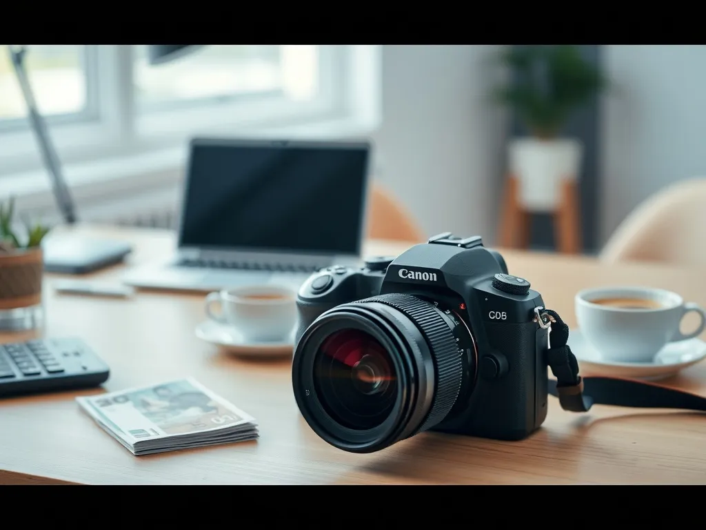 Lustrzanka na biurku obok kalkulatora i polskich banknotów, symbolizująca zarobki i finanse pracy fotografa