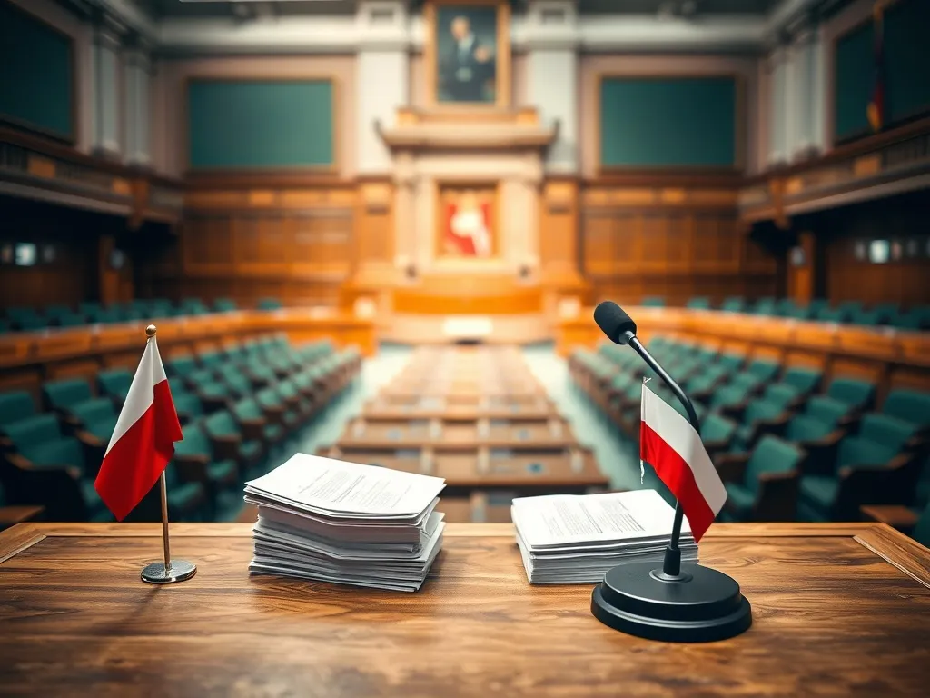 Biurko marszałka Sejmu z dokumentami, mikrofonem i małą polską flagą na tle sali sejmowej, symbol władzy i wynagrodzenia.
