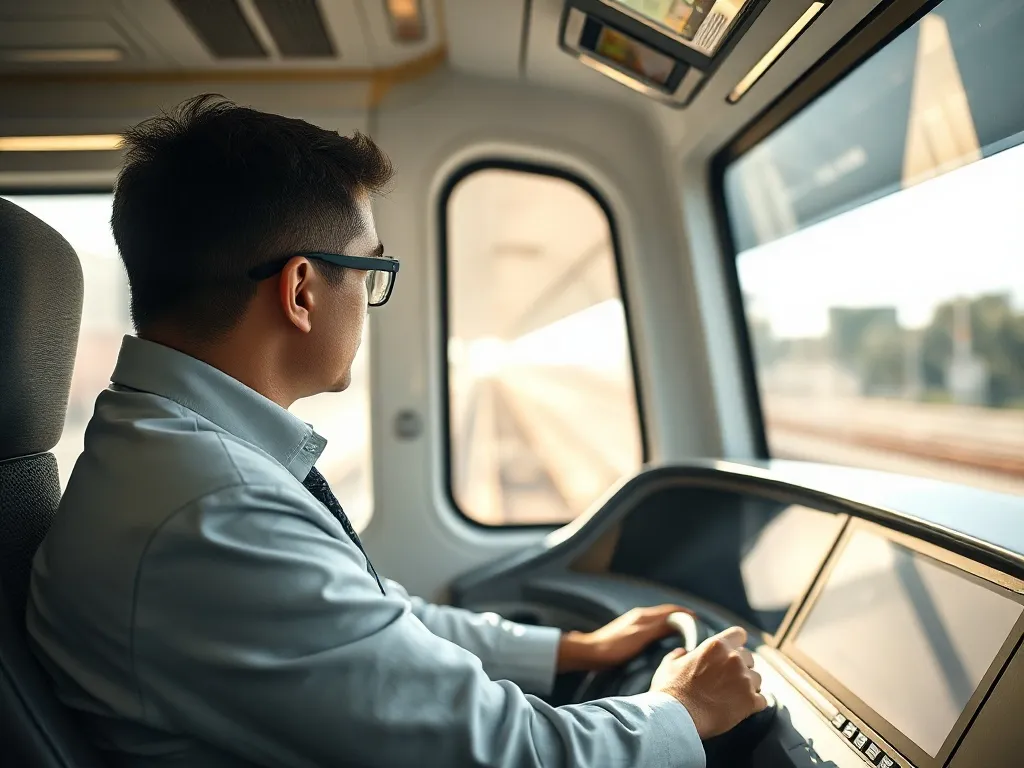 Maszynista pendolino w nowoczesnej kabinie, skoncentrowany przy pulpicie, ilustruje zawód i odpowiedzialność za pociąg.