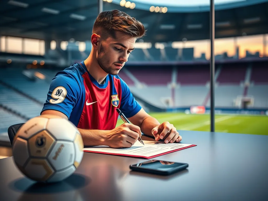 Lamine Yamal w koszulce Barcelony podpisuje kontrakt przy biurku, obok leży piłka i smartfon, w tle stadion o zachodzie słońca.