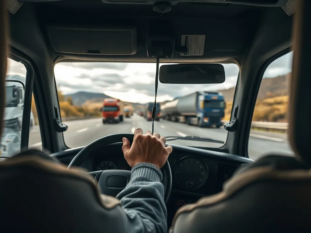 Kierowca tira prowadzi nowoczesną ciężarówkę na autostradzie, w tle inne kolorowe ciężarówki i pagórkowaty krajobraz