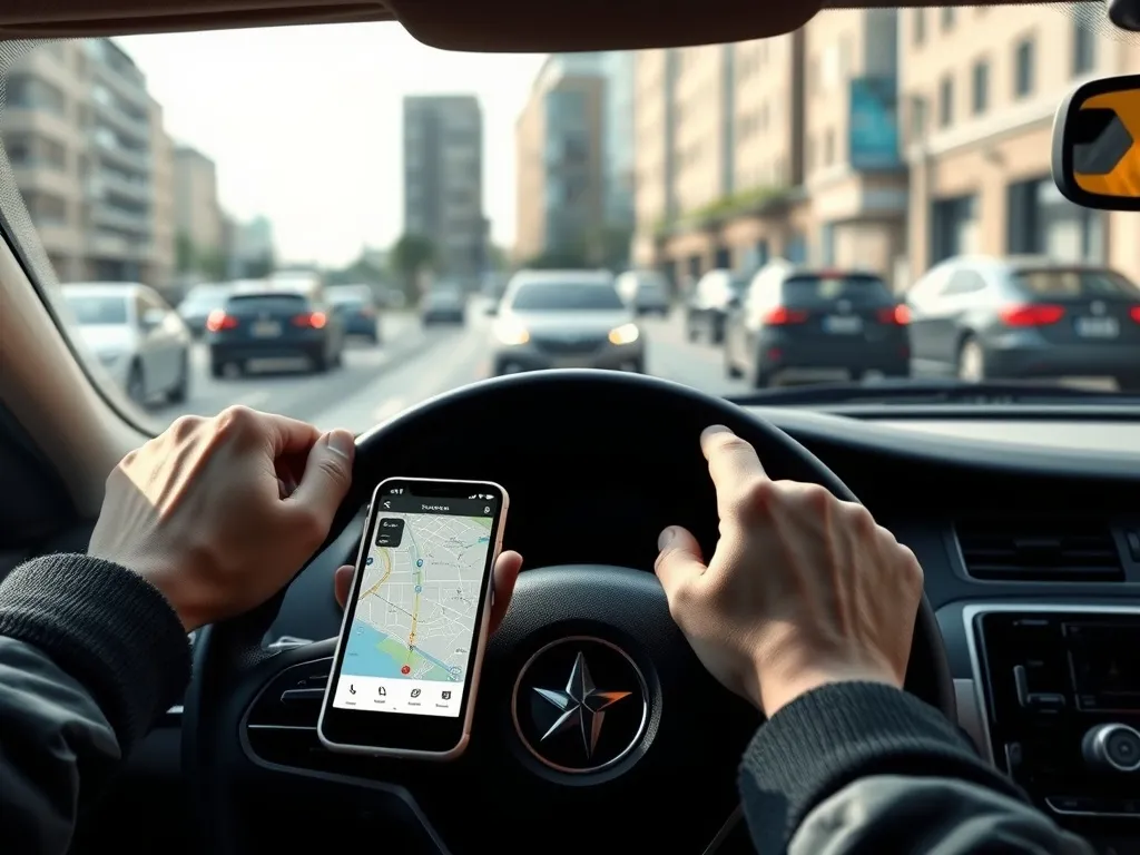 Kierowca Bolta prowadzący auto po mieście, na desce rozdzielczej telefon z nawigacją, codzienna praca i kursy w tle.