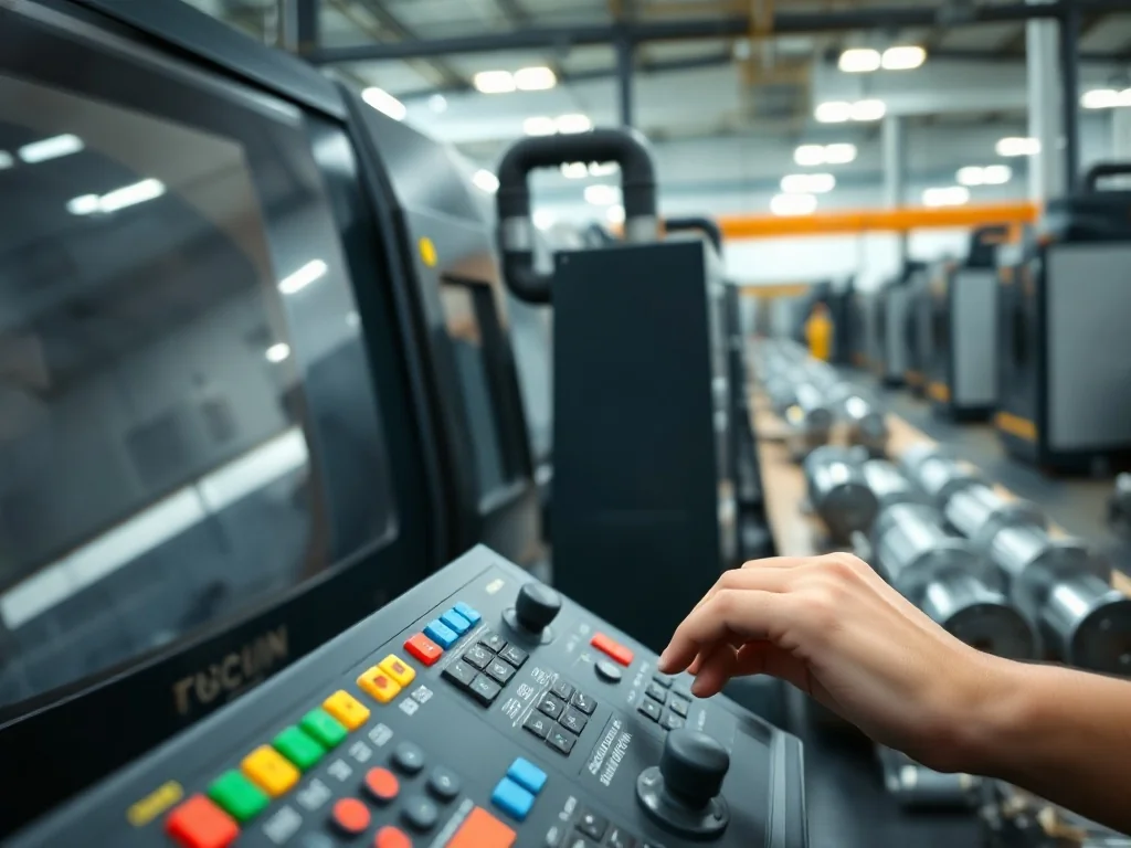 Operator obsługuje panel maszyny CNC w nowoczesnej hali produkcyjnej, symbolizując pracę i zarobki w tym zawodzie.