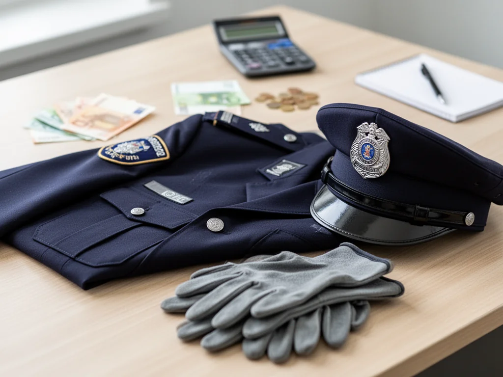 Mundur policyjny ułożony na biurku, w tle kalkulator i euro, symbolizujące zarobki i dodatki policjanta