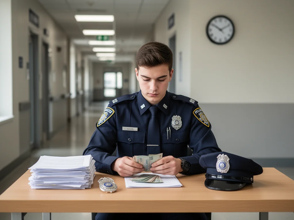Młody policjant liczy banknoty przy biurku na tle komendy, symbolizując zarobki po studiach i perspektywy awansu.